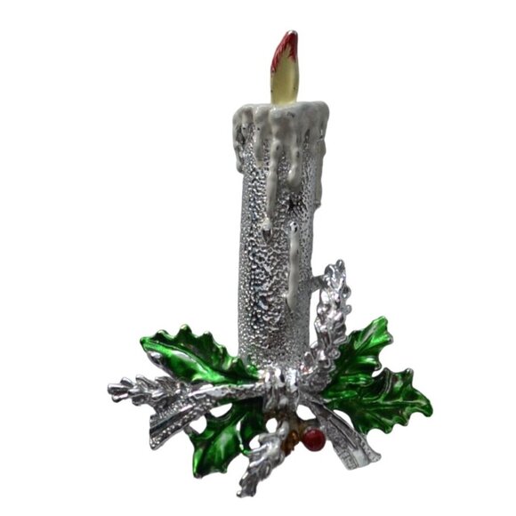 Gerry’s Silver Tone Christmas Candle Brooch Enamel Holly Berry Holiday Pin - Picture 3 of 6